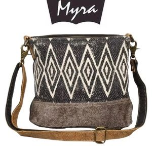 Myra Bag Azure Upcycled Canvas & Cowhide Leather Shoulder Bag NWOT